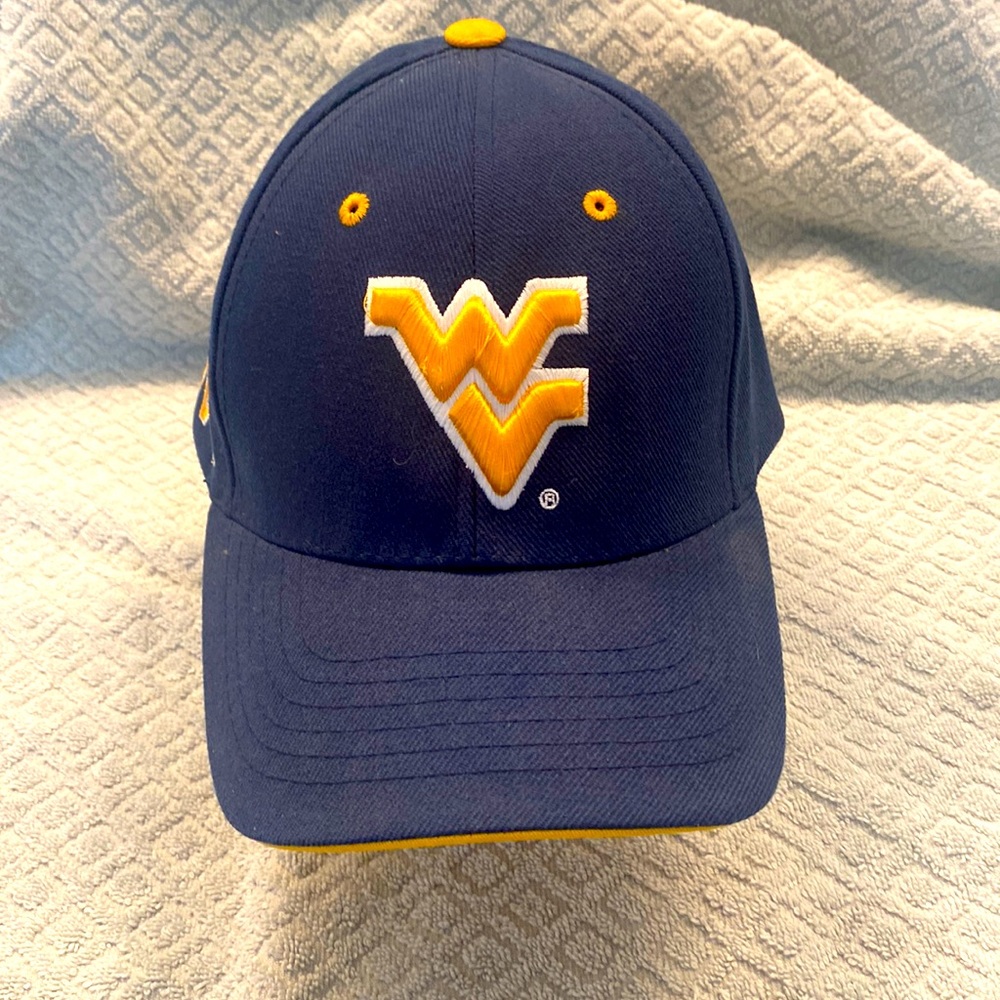 New West Virginia/WVU blue and gold hat with an adjustable Velcro strap to size.